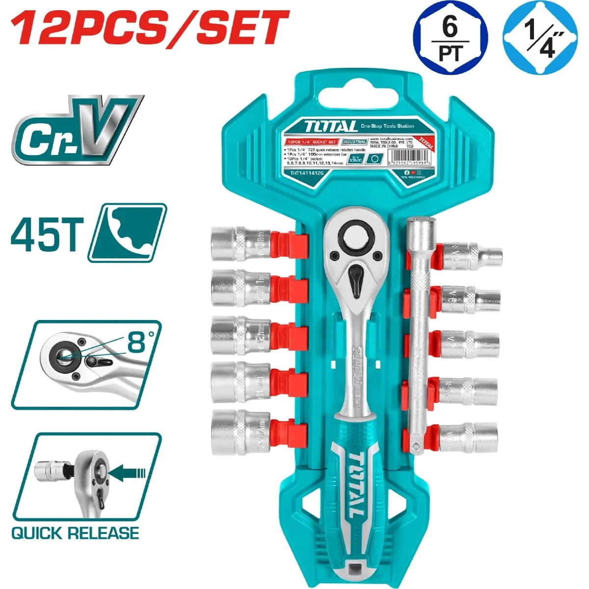 JUEGO DE COPAS 1/4″ + RATCHET 12 PIEZAS TOTAL