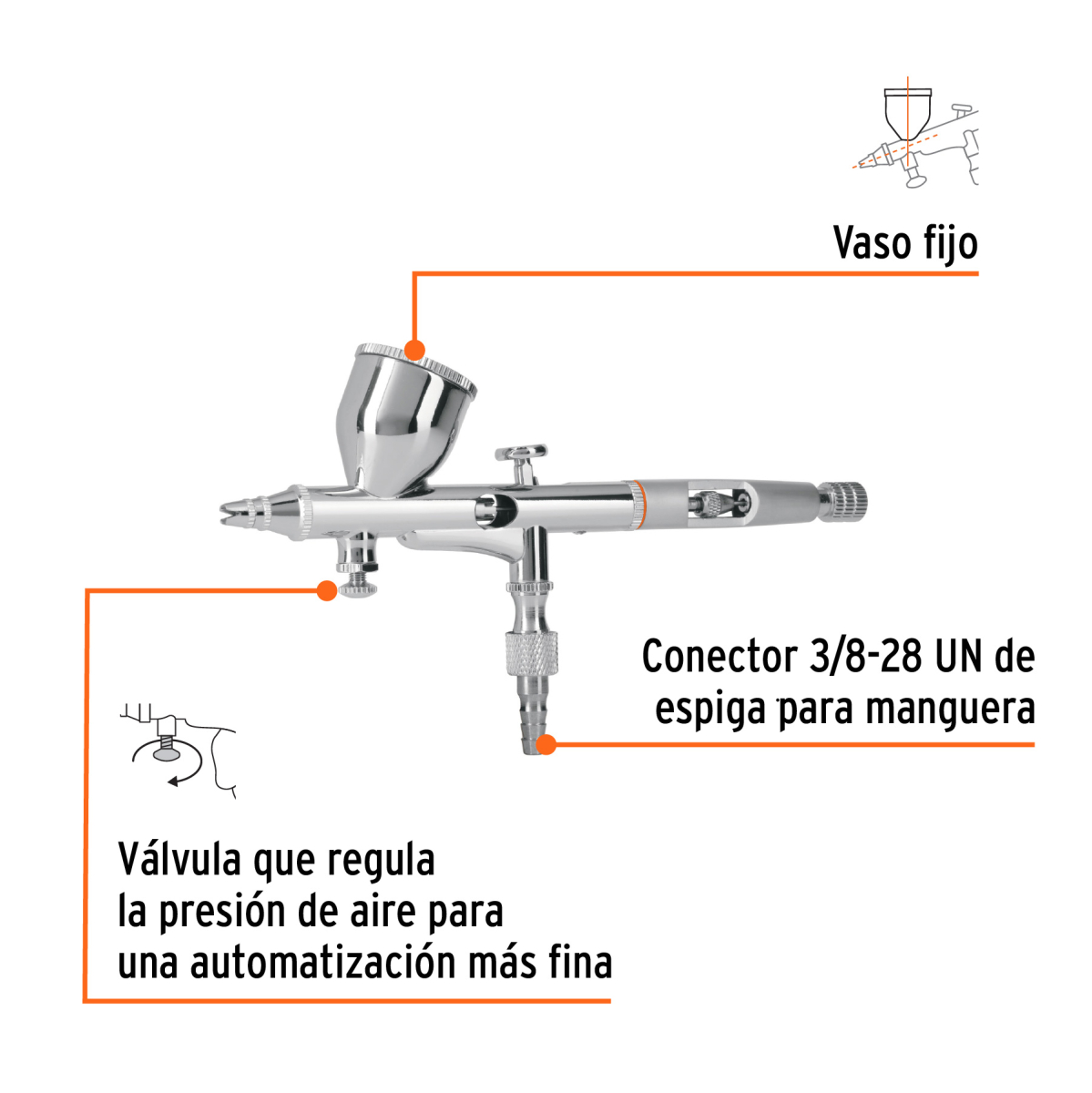 AEROGRAFO DE GRAVEDAD CON PRESION REGULABLE VASO FIJO TRUPER - Imagen 2