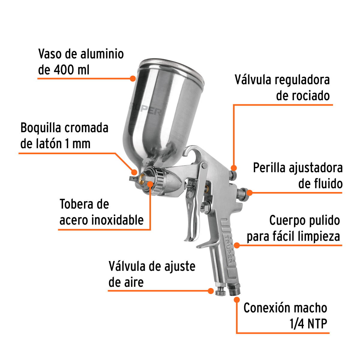 PISTOLA PARA PINTAR GRAVEDAD LVMP VASO ALUMINIO 1 MM TRUPER - Imagen 2