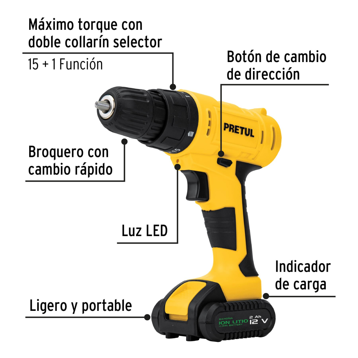 KIT TALADRO 3/8″ 12 V 33 ACCESORIOS EN ESTUCHE PRETUL - Imagen 2