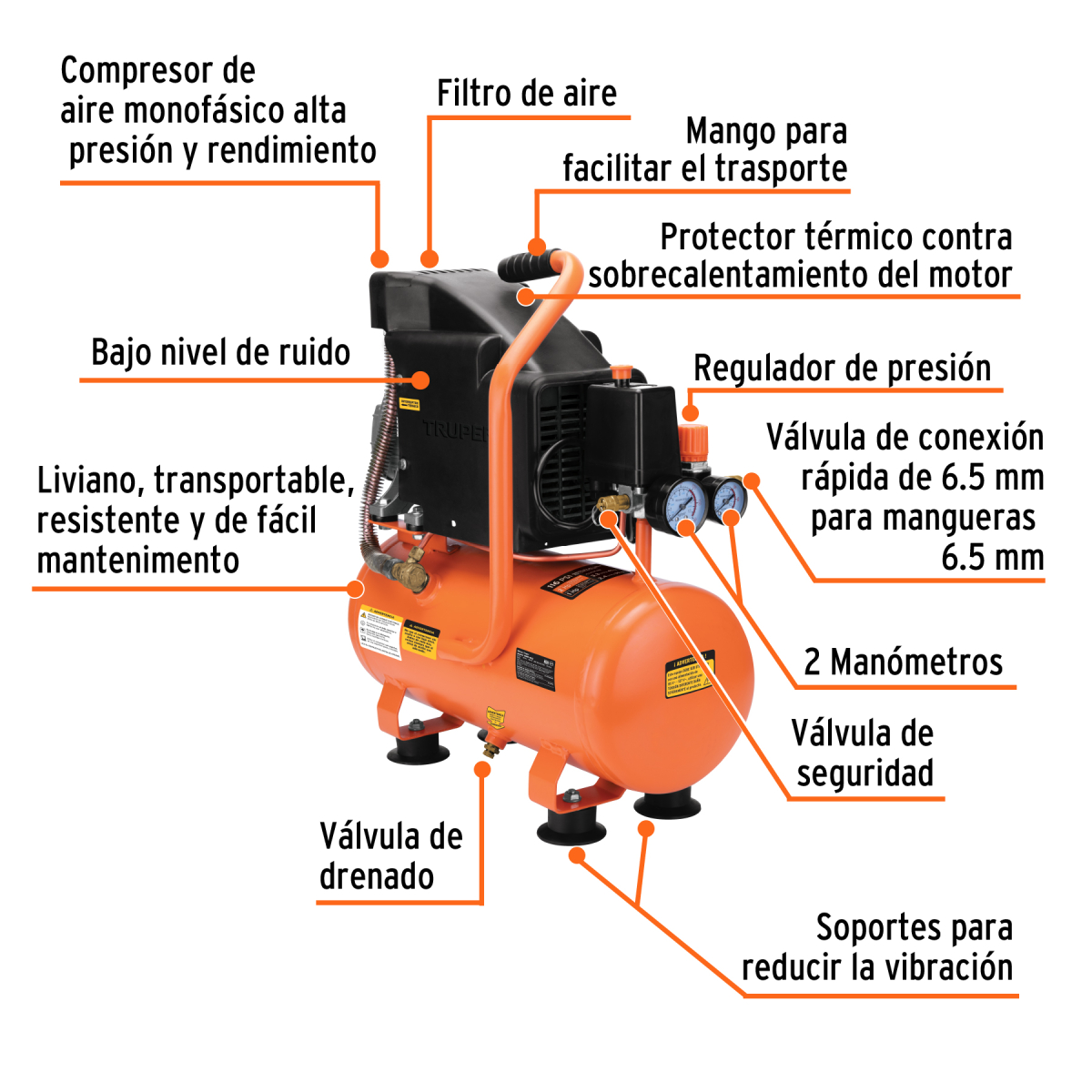 COMPRESOR LUBRICADO 10 L 2 HP HORIZONTAL 127 V TRUPER - Imagen 2